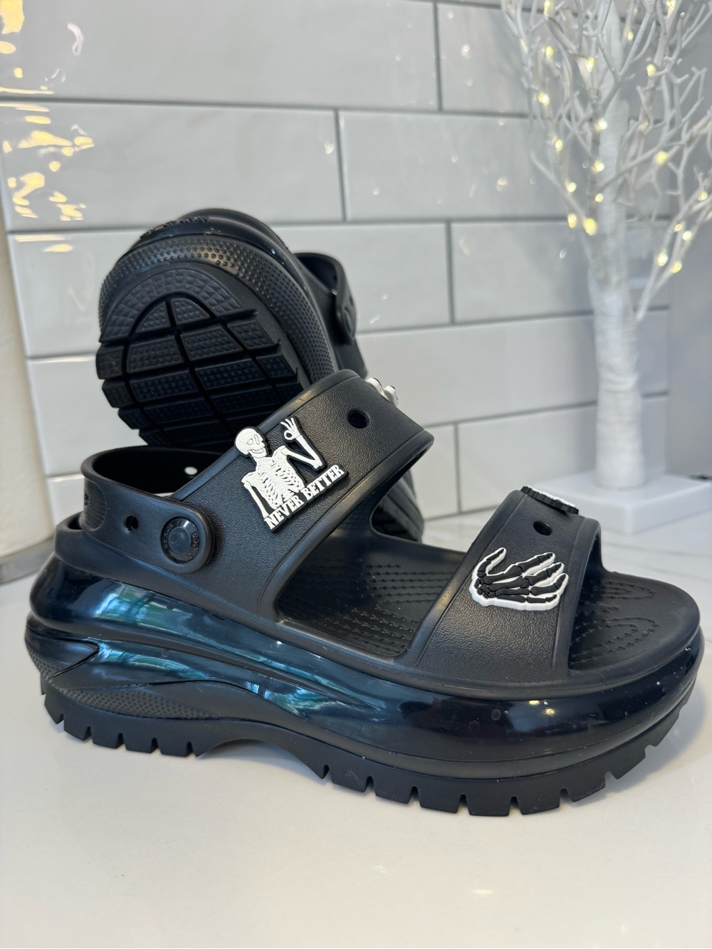 Crocs Mega Crush Sandal in Black with removable Gothic Skeleton Charms - Picture 2 of 5